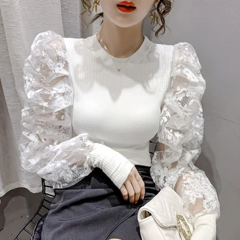 2021 Toamna Noua Femei Dantelă Tricotate Bluza Îmbinat Bluza Dulce Stil Coreean O-Gât Puff Maneca Lunga Slim Dantelă Topuri De Sex Feminin 11263