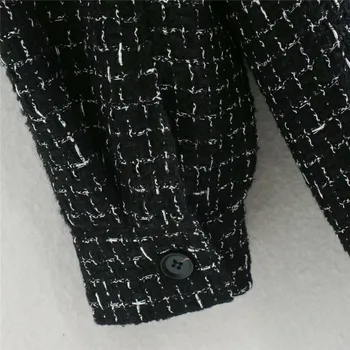 Elegant Vrac Tweed Sacou Carouri Strat Negru De Sex Feminin Chic Haine De Moda Pentru Femei Cu Maneci Lungi, Buzunare Îmbrăcăminte Exterioară Topuri Casual Streetwear