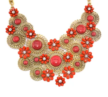 Roșu Turcoaz Flori Vintage Mari Cravată Colier Pentru Femei De Moda Boho Etnice Declarația Mare Guler Colier Indian Colier Fata