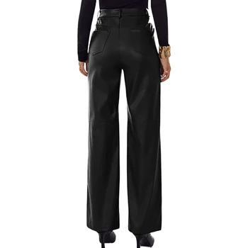 Femei De Moda Pantaloni De Piele Cu Talie Înaltă Direct Slăbire Buzunare Laterale Culoare Solidă Petrecere Casual Toamna Pantaloni Streetwear
