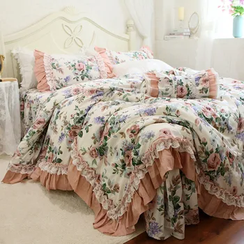 Pat nou set Romantic Lenjerie de pat Zburli dantelă set de lenjerie de pat rose print carpetă acopere stabilit printesa lenjerie de Pat din bumbac regina set de lenjerie de pat foaie