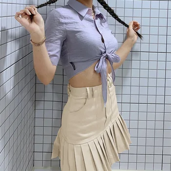Moda Coreeană Kaki Fusta Scurta Streetwear Drăguț Plisate Fuste Femei Stil Preppy Butonul De Sus, Talie Inalta Fusta De Vara