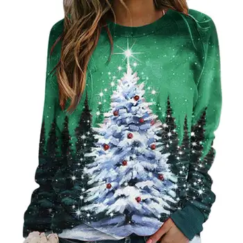 Hanorac Femei Pom De Crăciun De Imprimare Mozaic Pulover Bluza Femei Cu Maneci Lungi O-Gât Elastic Xmas Bluza Îmbrăcăminte Exterioară Topuri