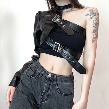 Streetwear Emo Alt Pu Negru din Piele Faux Crop Top pentru Femei Cataramă de Metal pe Un Umăr Halter tricou Punk Techwear Gotic Topuri Grung