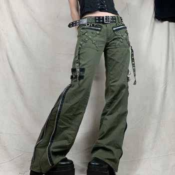 2021 Femei Coreene Pantaloni De Trening Bandaj Scăzut Talie Pantaloni De Marfă Gotice Punk Largi Retro Kawaii Pantaloni Grunge Verde Blugi Cu Fermoar