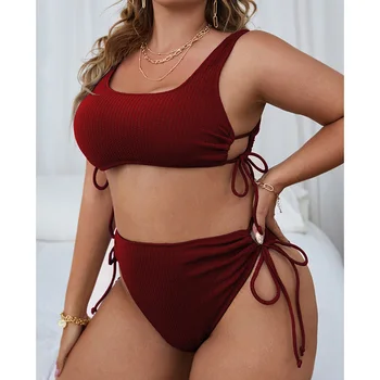 INGAGA Plus Dimensiune Bikini cu dungi pentru Femei costum de Baie 2022 Talie Inalta, Costume de baie Solid Costum de Baie Lega Partea Beachwear Push-Up Biquinis