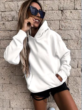 2021 Toamna Femei Tricou Alb cu Maneci Lungi, Buzunare Vrac Solid Jachete Femei de Moda Streetwear Casual hoodie Ladies