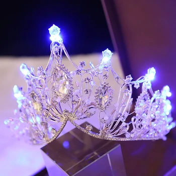 De Lux Lumină Albastră Austria Coroana De Cristal Stras Pearl Nunta Diademe Cap Ornamente De Epocă Luminoasă Prom Party Queen Coroane