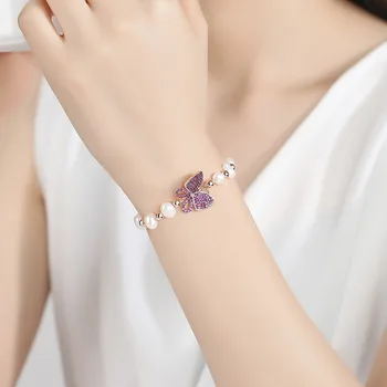 Bilincolor moda Cubi zironia Violet Fluture Femei Nunti de apă Dulce Neregulate Pearl Bratara Reglabila Pentru Femei