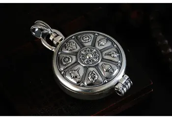 Tibetan Argint 925 Opt De Bun Augur Pandantiv Guanyin Inima Incantație Gawu Cutie Colier