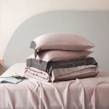 2021 Patru piese de lenjerie de pat simplu tencel lyocell cu fibre cearceaf plapuma acoperă brodate diagonal confortabil lenjerie de pat de culoare roz