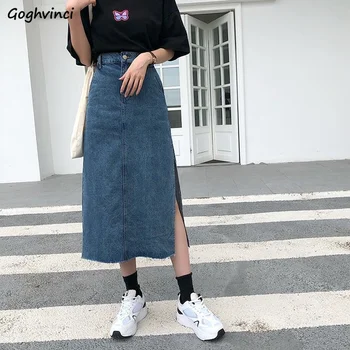 Fantă laterală Fuste Femei Retro Albastru Denim Slim Adolescenți coreeană Stil de Moda de Înaltă Calitate Temperament de zi cu Zi Femei Midi Populare