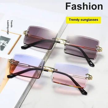 Tendință de moda Colorate Lentile Pătrat Fara rama ochelari de Soare pentru Femei Cu Diamant Tunderea UV400 Mare Retro Parasolar Oglindă