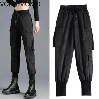 Femei Pantaloni Negri Pocket Jogger Elastic Talie Înaltă Streetwear Harajuku gros de iarna Punk Femei Pantaloni Pantaloni Harem 0