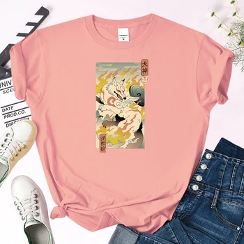 Flacăra Lup Ukiyo-E De Desene Animate De Imprimare T-Shirt Femei De Mari Dimensiuni Confortabil De Piele-Friendly Topuri De Sex Feminin Japonia Harajukua Stilul O-Neck Slim Tee