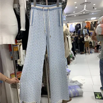 De ÎNALTĂ CALITATE, cele mai Noi 2021 Designer de Moda Pistei Femei Monograma Geometric Jacquard Tricotate Pantaloni Largi Picior