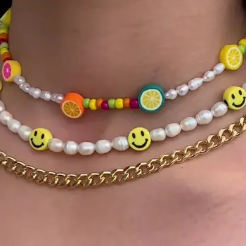 2021 Nou Colorat Smiley Pearl Margele Colier Pentru Femei Curcubeu Lut Șirag De Mărgele De Deochi Cravată Baroc Pearl Colier Boho Bijuterii