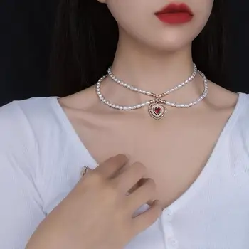 Moda Coliere 2021 Vintage, Coliere de Perle pentru Femei Goth Pandantiv Inima Rosie Cravată Gât Estetice Lanț Accesorii Bijuterii