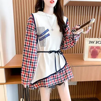 Fals două cu mâneci lungi hoodie fete stil coreean de agrement dulce de primăvară și toamnă lungă roz sacou carouri 0