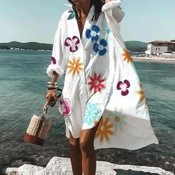 2021 Noi Femei Plus Dimensiune Vacanta Casual Sundress Femme Vrac Moda Butonul Turndown Plaja Rochie De Vara Pene Imprimate Rochii