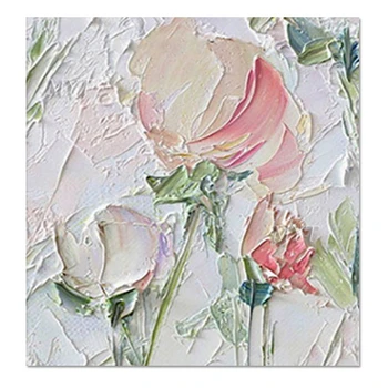 Manual modern abstract pictură în ulei cu un strat gros de vopsea albă cuțit de flori pe panza fara rama decor acasă