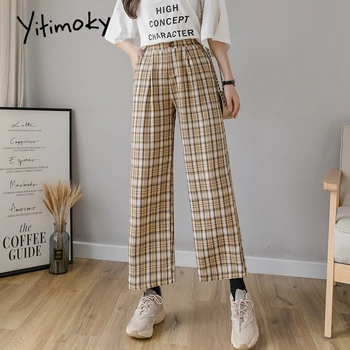 Yitimoky Epocă Carouri Pantaloni Femei Talie Mare Moda Largi Picior Casual Femei Pantaloni De Vară 2021 Joggeri Haine Streetwear
