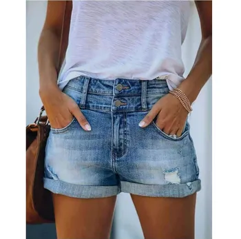 Vara Plus Dimensiune Moda Casual Street Gaură Buzunar Blugi Butonul Mid-talie pantaloni Scurți Femei de Mari Dimensiuni -40