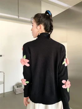 CHEERART Patch-uri Florale Negru Cardigan Femei coreeană de Moda Tricotate Pulover Butonul de Sus Kawaii Drăguț Toamna Pulover Cardigan 2021