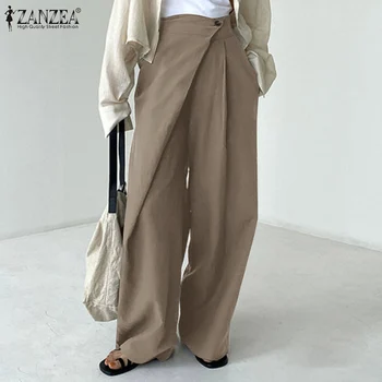 ZANZEA Femme Vara Casual Butonul Femei Solide de Epocă Largi Streetwear Pantaloni Oversize 2021 Talie Elastic Largi Picior Pantaloni Lungi