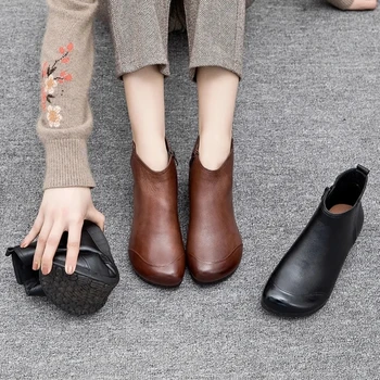 2021 Nou Cizme Scurte Femeie Scăzut Pantofi cu Toc pentru Femei Concis Solid Botine din Piele Femei Rotund Toe Confort Toamna Cizme de Iarna