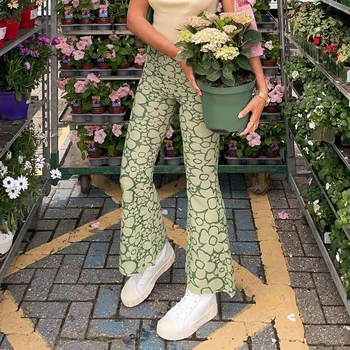 Y2K Verde Micro Flare Pantaloni Femei Pastorală Stil de Talie Mare Casual Slim Pantaloni de Moda Floral Pantaloni 90 de Epocă Streetwear