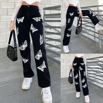2021 Vânzare Fierbinte Femei Fluture Imprimat Direct Pantaloni din Denim Elegant Talie Mare de zi cu Zi Streetwear Sălbatice Blugi Casual pentru Cumpărături