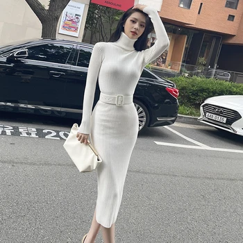 Moda Coreea Toamnă Iarnă Tricot Guler Maneca Lunga, Midi Rochie De Petrecere Femei Elegante Bază Solidă Eșarfe Bodycon Rochie De Sex Feminin 0