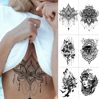 Impermeabil Tatuaj Temporar Autocolant Piept Dantela Henna Mandala Flash Tatuaje Lup Diamond Flower Body Art Brațul False, Tatuaj Femei Bărbați