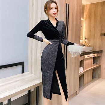 Moda coreeană Toamna Catifea Sexy V-Neck Maneca Lunga Split Midi Rochie de Petrecere Femei OL Elegant Sequin Solid Bodycon Rochie de sex Feminin 0