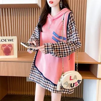 Fals două cu mâneci lungi hoodie fete stil coreean de agrement dulce de primăvară și toamnă lungă roz sacou carouri 1