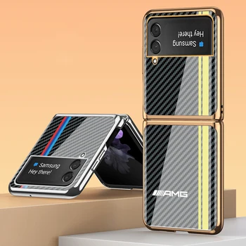 Z Flip 3 Funda Caz pentru Samsung Galaxy Z Flip 3 Z 3 Ori Fibra de Despicare Model de Placare Sticla Coque Telefon Acoperi Caz 1
