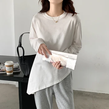 Coreea de Tricou de Bumbac Femei Alb-Negru cu Dungi T-shirt anomalie Topuri Casual 2021 Moda Toamna O de Gât Maneca Lunga Pulover de Primavara 1