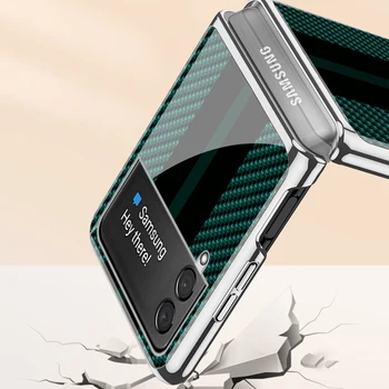 Z Flip 3 Funda Caz pentru Samsung Galaxy Z Flip 3 Z 3 Ori Fibra de Despicare Model de Placare Sticla Coque Telefon Acoperi Caz 2