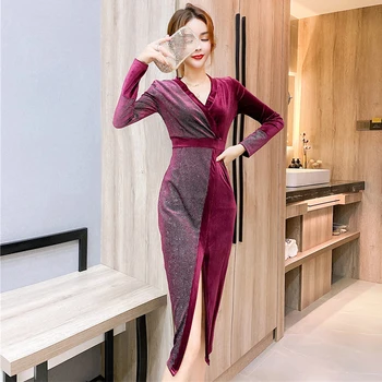 Moda coreeană Toamna Catifea Sexy V-Neck Maneca Lunga Split Midi Rochie de Petrecere Femei OL Elegant Sequin Solid Bodycon Rochie de sex Feminin 2