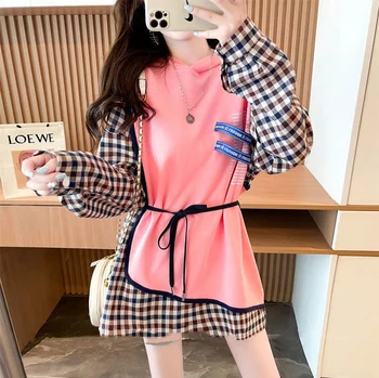 Fals două cu mâneci lungi hoodie fete stil coreean de agrement dulce de primăvară și toamnă lungă roz sacou carouri 3