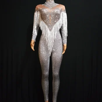Argint Pietre Nud Întinde Salopeta Sexy Franjuri De Dans Body Performanță Petrecere De Sărbători Spectacol De Teatru Costum Purta 3
