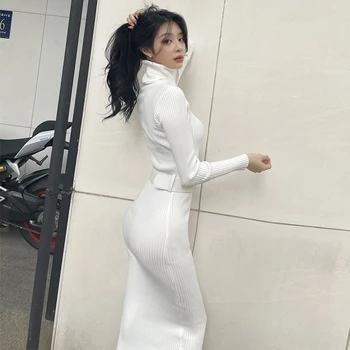 Moda Coreea Toamnă Iarnă Tricot Guler Maneca Lunga, Midi Rochie De Petrecere Femei Elegante Bază Solidă Eșarfe Bodycon Rochie De Sex Feminin 3