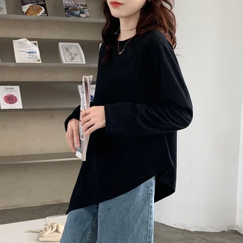 Coreea de Tricou de Bumbac Femei Alb-Negru cu Dungi T-shirt anomalie Topuri Casual 2021 Moda Toamna O de Gât Maneca Lunga Pulover de Primavara 3