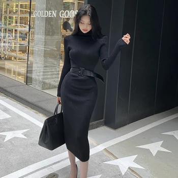 Moda Coreea Toamnă Iarnă Tricot Guler Maneca Lunga, Midi Rochie De Petrecere Femei Elegante Bază Solidă Eșarfe Bodycon Rochie De Sex Feminin 4