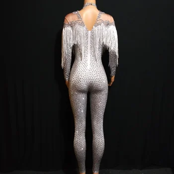 Argint Pietre Nud Întinde Salopeta Sexy Franjuri De Dans Body Performanță Petrecere De Sărbători Spectacol De Teatru Costum Purta 5