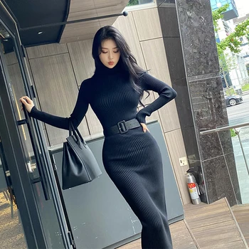 Moda Coreea Toamnă Iarnă Tricot Guler Maneca Lunga, Midi Rochie De Petrecere Femei Elegante Bază Solidă Eșarfe Bodycon Rochie De Sex Feminin 5