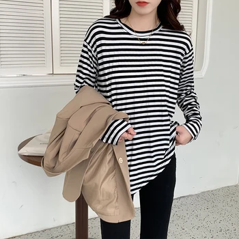 Coreea de Tricou de Bumbac Femei Alb-Negru cu Dungi T-shirt anomalie Topuri Casual 2021 Moda Toamna O de Gât Maneca Lunga Pulover de Primavara 5