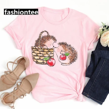 ZOGANKIN Nou T-shirt de sex Feminin de Desene animate Arici cu Floare de Imprimare Tricou de culoare Roz, pentru Femei de Vară Vrac Tee shirt echipajul Gât T-shirt