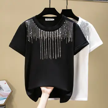 Moda Paiete ciucure Tricouri Femei Mozaic tricouri cu Sclipici Pulovere Largi Alb Topuri 2021 Stralucitoare Casual Teuri îmbrăcăminte 2XL